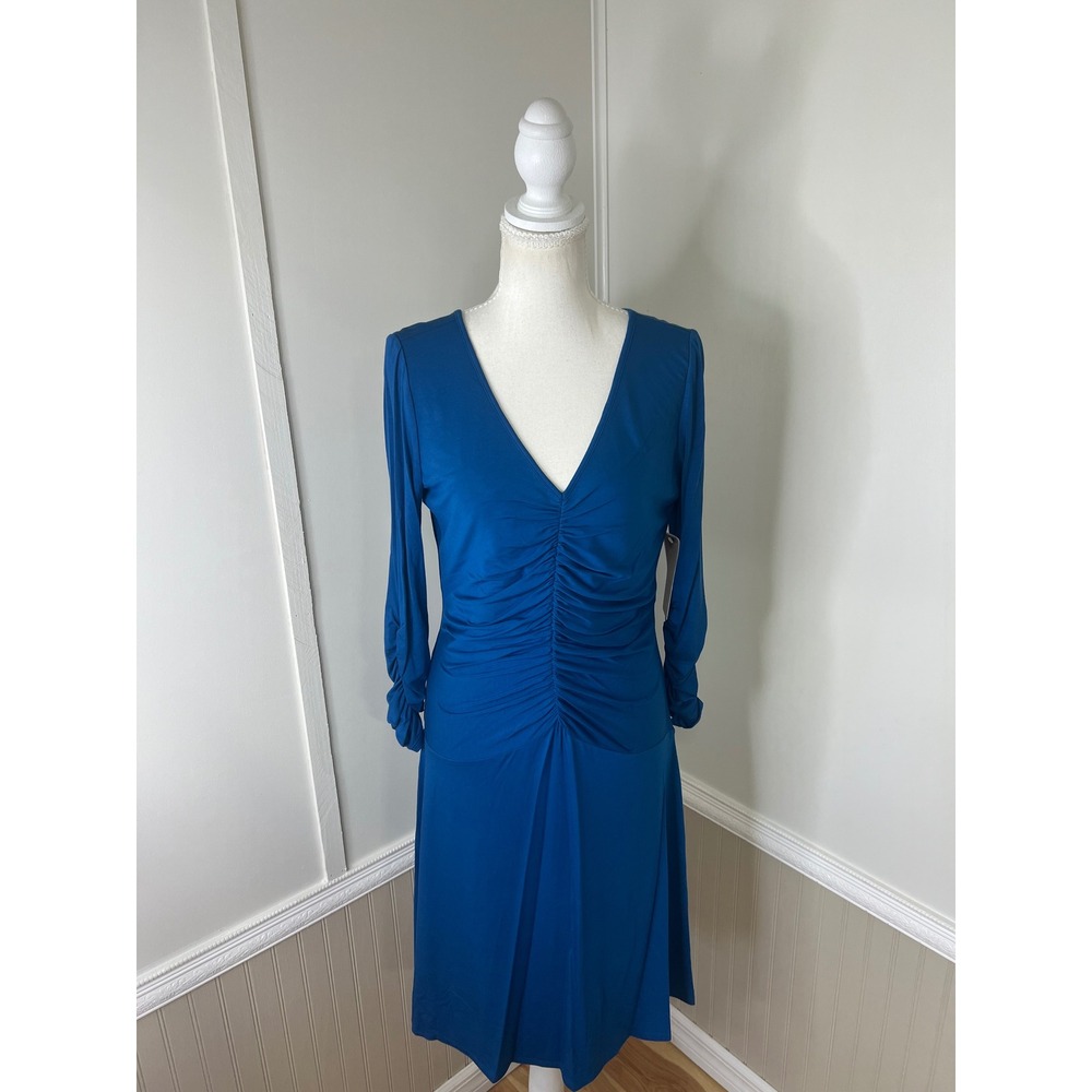 NUE by Shani Peacock Blue Ruched V-Neck Body Architecture Shaping Dress Size 12 - Picture 3 of 12